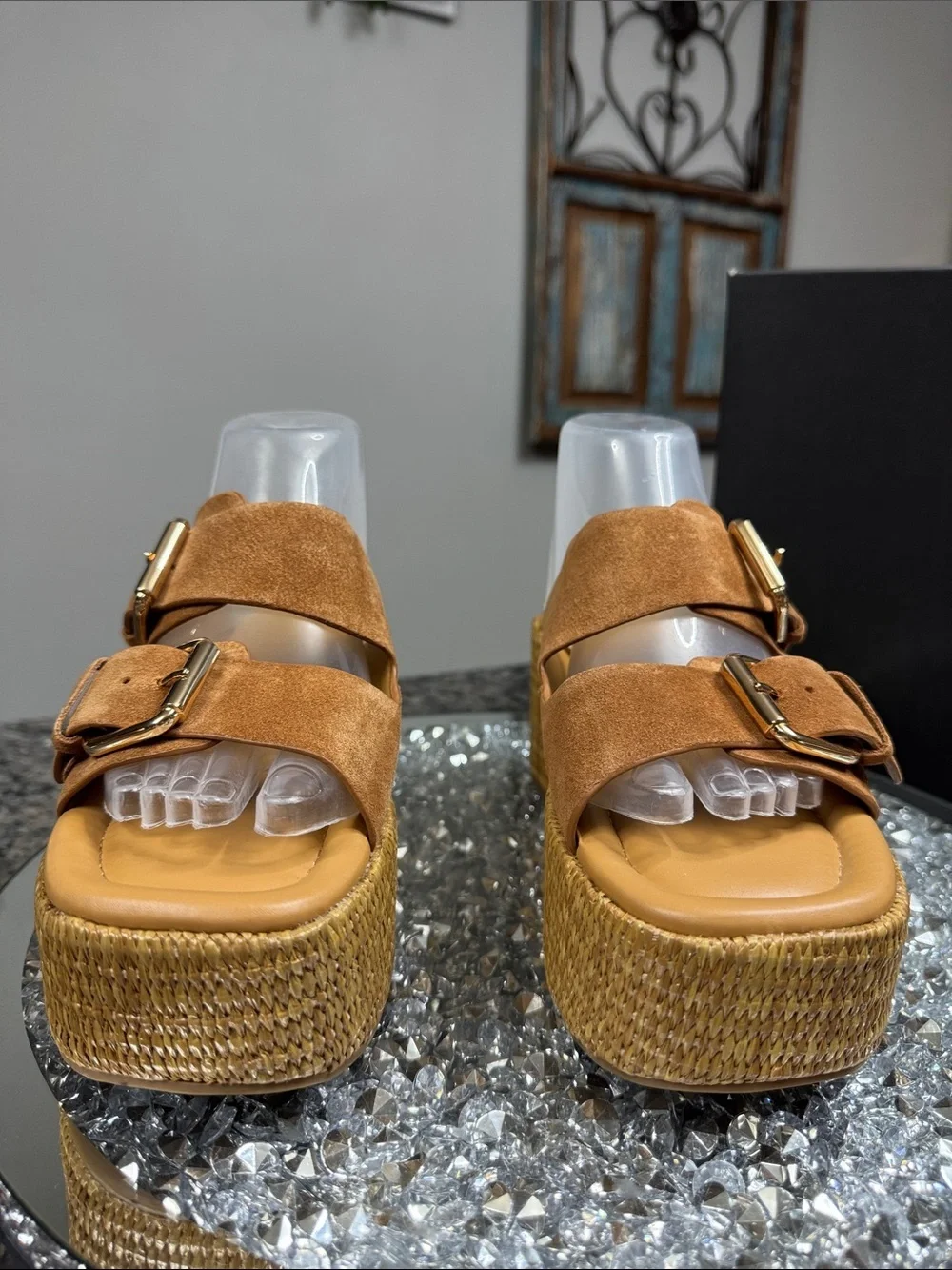Marc Fisher Palery leather Suede Tan Platform Slide Sandals Buckles Woven sole
